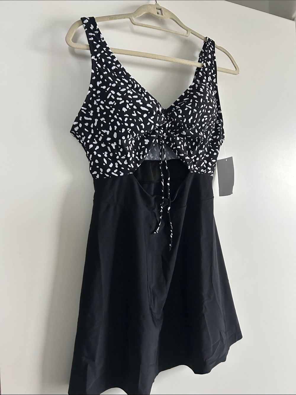 Black & White Tie-Front One-Piece Swimdress with Skirt